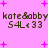 Pink background with purple plus signs and repeated text 'kate&abby 54L<33' in brown pixelated font.