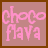 Pixel art of a woman with long brown braided hair wearing a black-and-white striped top and blue jeans, with pink text reading 'choco flava' and 'oh so yum!' on a pink background.