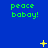 Blue background with green text reading 'peace babay!' repeated across the image, yellow star-like shapes scattered throughout.