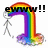 Pixelated rainbow arch with black text overlay, stick figure walking toward it, and double exclamation marks on white background.