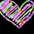 Two overlapping heart shapes formed by multicolored pixelated lines on a black background, with the name 'KELLEY' in pink text below.