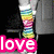 A four- of pixelated icons featuring the word 'love' in different colors and styles with abstract backgrounds