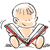Animated contact sheet showing a cartoon baby reading a book across five frames with varying poses and expressions, rendered in simple line art style with red accents on the book.