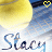 Yellow tennis ball with blue background and 'Stacy' text, animated black dots appear sequentially on the right side.