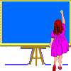A girl in a pink dress writes on a blue chalkboard, showing the progression of '2', '2 +', and '2 + 2' with a raised hand.