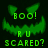 Green pixelated ghost face with glowing eyes and jagged mouth, displaying 'BOO! RU SCARED?' text on dark background.