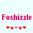 Pixelated pink text "Foshizzle" appears twice on a light blue background with red and pink heart icons below each instance.
