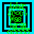Four square display a pixelated green and cyan animation with black borders, showing sequential changes in a central square's internal structure