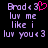 Pixelated text displays 'Brode <3' with a pink heart symbol, followed by 'luv me like i luv you <3', all in purple on black background.
