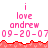 Pixelated pink text reads "i love andrew 09-20-07" on white background with red decorative border, two identical copies stacked vertically.
