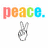 Pixelated text 'PEACE.' in rainbow colors above a grayscale peace sign hand gesture on white background.