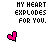 Animated contact sheet of a 48x48 pixel buddy icon showing heart explosion animation with text "MY HEART EXPLODES FOR YOU." repeated across frames.