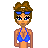 Pixelated character in blue bikini top and sunglasses with text 'Is My TAN done?' on white background.