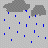 Gray clouds with blue raindrops and yellow lightning bolts on a gray background, plus black text box reading "Another rainy day...".