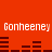 Red background with repeated white text 'Gonheeney Gonheeney' and dark red horizontal bars in two