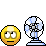 Animated contact sheet showing a yellow smiley face interacting with a blue and white fan across 14 frames, including dust particles and facial expression changes.