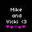 Pixelated text 'Mike and Vicki <3' with pink and purple heart symbols on black background, two variations of animation.