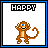 Four 48x48 pixel animated frames of a brown cartoon monkey with blue eyes, arranged in a contact sheet grid showing different poses and text placements.