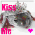 Pixelated icon with pink 'KISS' and 'ME' text, a small heart symbol, and abstract grayscale figure.