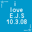 Blue background with white pixelated text reading 'i love E.J.S 10.3.08' and small white star icons with dotted lines in four corners.