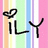 Pixelated black text 'ILY' with a heart symbol above the 'I', set against vertical pastel stripes of orange, yellow, green, blue, purple, and pink.