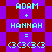Pixelated text displays 'ADAM + HANNAH = (3)(3)(3)' on a red and purple checkered background with diamond-shaped patterns.