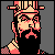 Pixel art icon of a character with striped hat, mustache, and checkered bag against gray background.