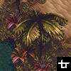 Pixel art scene showing a palm tree with brown trunk and green fronds, surrounded by red flowers on dark soil near turquoise water under light brown sky.