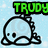 Pixelated light blue creature with black outline, spiral pattern on head, and three small spikes; text above reads "TRUDY" in various colors.