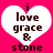 Two identical heart-shaped icons with white fill and pink outline on a solid pink background, each containing text "i love grace & stone" in dark brown pixelated font.