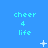 Blue background with repeated 'cheer 4 life' text in light blue, white star and dot animations across three