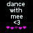 Pixelated text 'dance with mee <3' above pink and purple asterisks on black background, showing animation