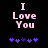 Pixelated text 'I Love You' in light pink on black background with purple star-like symbols below.