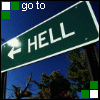 Green road sign with white text 'HELL' and left arrow, blue sky background, trees below, white and green squares in corners, 'go to' text above.