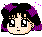 Pixelated anime-style character head with black hair and purple accents, shown in five distinct facial expressions against alternating gray and pink backgrounds.