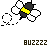 Pixelated bee icon with yellow and black body, white wings, dotted trail, and 'BUZZZZ' text below.