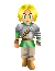 Pixelated character with blonde hair and green eyes wearing silver armor over green sleeves, beige pants, and brown boots, holding a brown object in right hand and a white object in left hand.