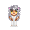 Pixel art character with long silver hair, pink cat ears, yellow eyes, and white outfit with brown accents, standing against gray background.