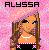 Pixelated image of a person with long brown hair wearing a white tank top and dark pants, set against a pink pixelated background with the name ALYSSA in black block letters at the top.