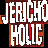 Pixelated graphic with 'JERUCHO HOLIC' text above four stylized faces in red and yellow on black background, right side shows partial close-up of a person's face.