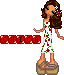 A static pixel art image of a woman in a white dress with red and green patterns standing on brown shoes, positioned next to the word CHICA in red block letters.