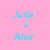 Animated sequence of pink and black triangular shapes with blue text 'Julia + Alex' and 'Alex', transitioning from solid triangles to jagged edges.