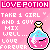 Pixelated pink background with 'LOVE POTION' text and a potion bottle graphic showing liquid layers.