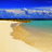 Pixelated beach scene with blue sky, turquoise water, and sandy shore in horizontal bands.