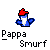 Pixelated static buddy icon featuring a blue cartoon character with red cap and white chest, below which is stylized text reading "Pappa Smurf" on gray background.