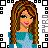 A pixel art contact sheet of a female character with long brown hair, blue crop top, and light blue pants across multiple frames showing different poses and expressions.
