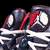 Animated sequence showing a character's head with red accents and white eyes, transitioning between two states against black background.