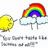A pixelated yellow sun with a face and two arms stands next to a cloud holding a rainbow, all on white background.
