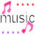 Pixelated pink musical notes and red/purple dots surround the repeated text 'music' on a white background with visible pixelation.