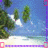 Pixelated beach scene with green trees, white sand, blue sky, and clouds; purple border with pink corner squares.